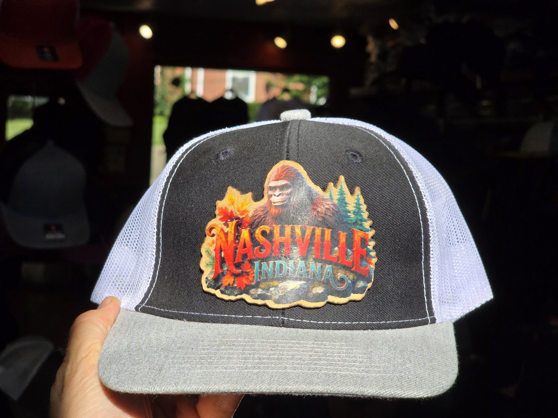 Trucker hat with a Bigfoot Center Nashville Indiana leather patch