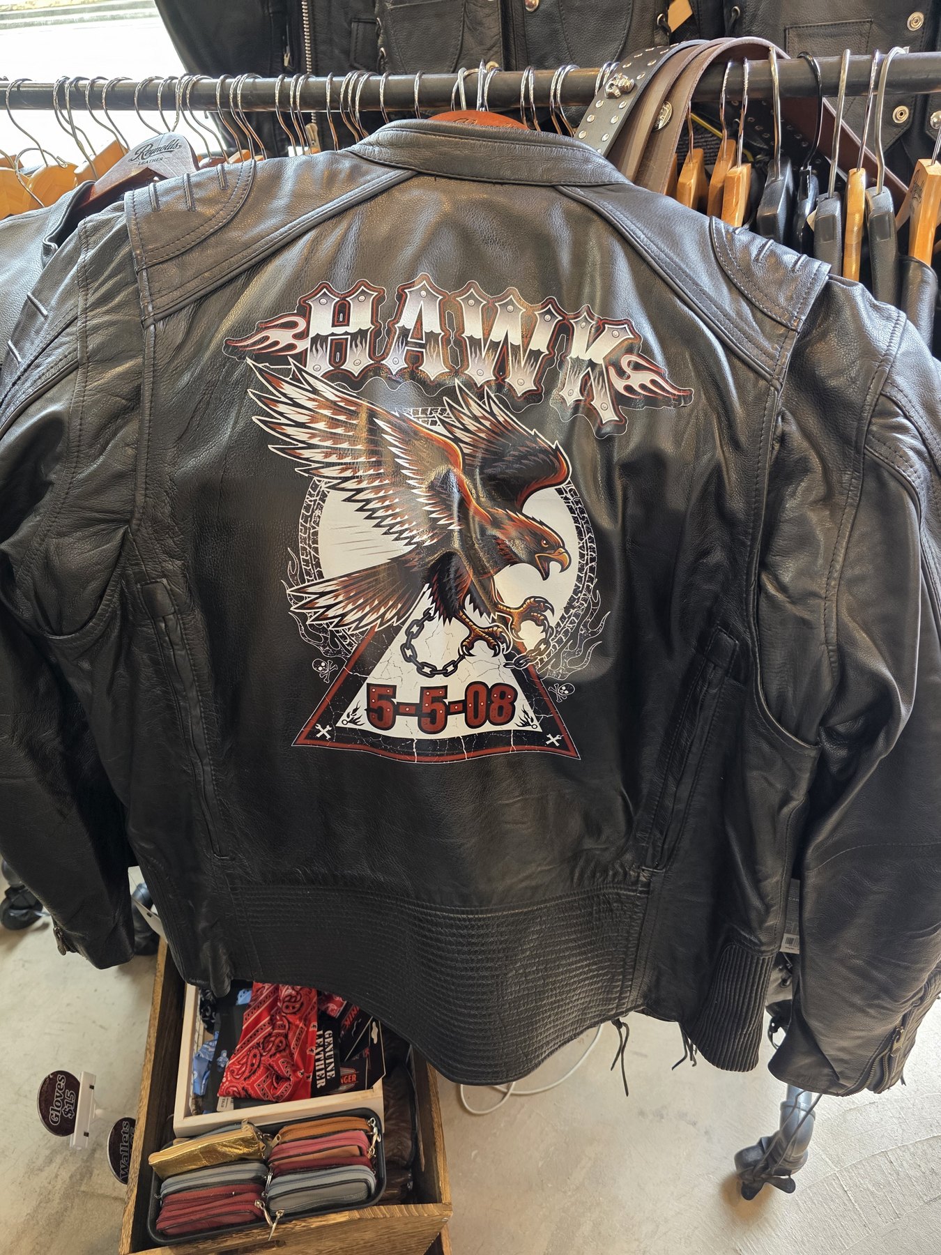 Custom HAWK leather jacket with eagle back graphic dated 5-5-08 — in-store only