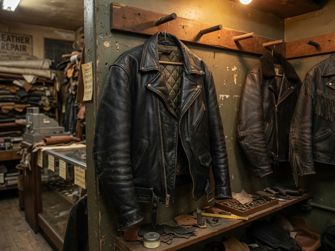 Leather motorcycle jackets hanging in the shop, in-store only