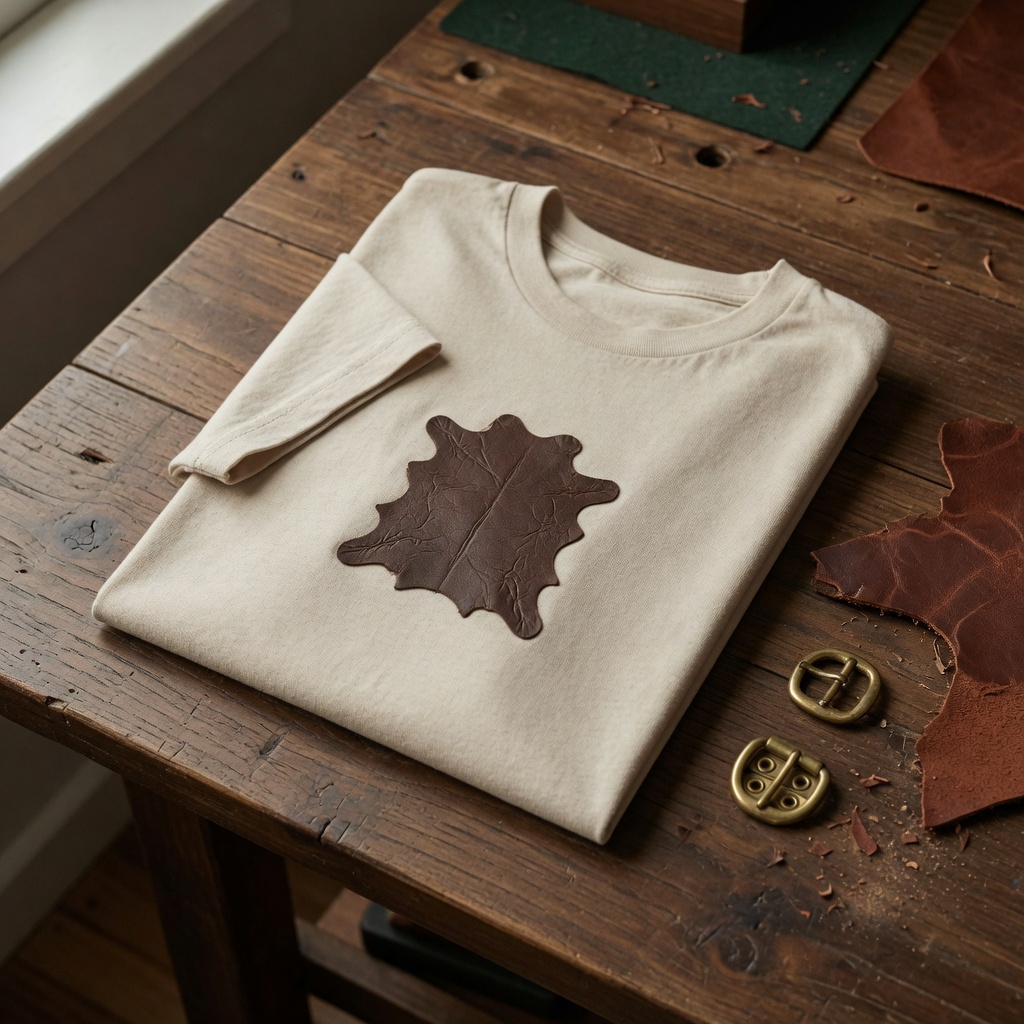Custom oatmeal t-shirt with a hide graphic folded on a workbench
