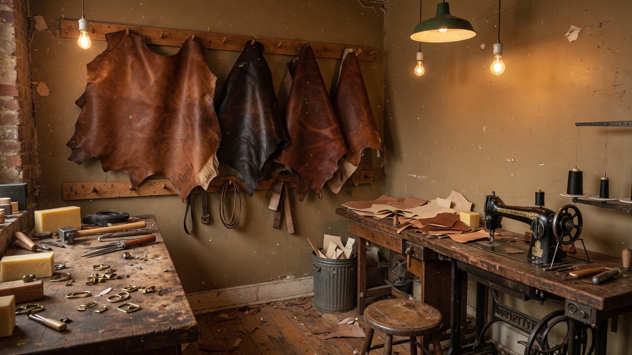 Leather hides hanging above workbenches in the Reynolds Leather shop